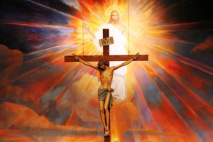 A crucifix hangs before a mural depicting the Resurrection in the sanctuary at St. Timothy Parish in Mesa, Ariz. (CNS photo/J.D. Long-Garcia, Catholic Sun) (April 4, 2007)